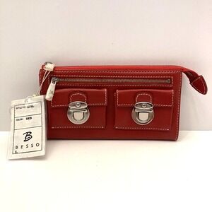 NWT Besso Red Leather Wallet Double Clasp Pockets Zip Top Contrast Stitching